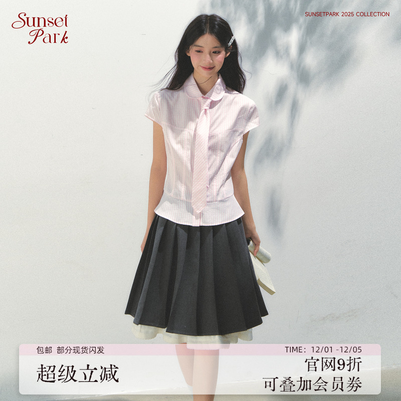 SunsetPark日落公园 学院少女风粉格纹彩色扣子领带短袖衬衫上衣