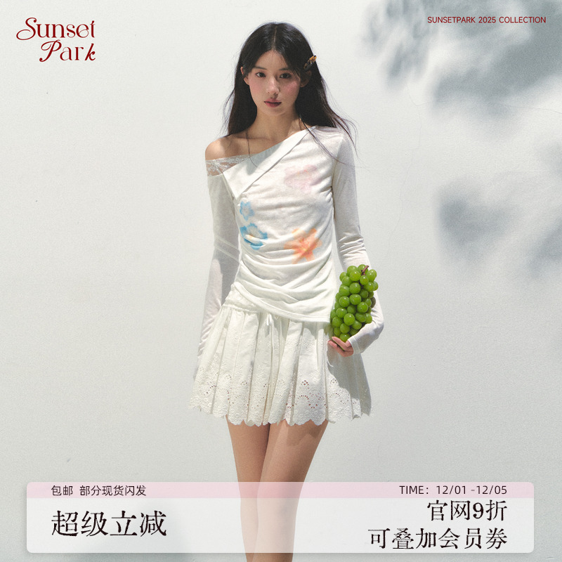 SunsetPark日落公园 花卉印花_莱赛尔斜肩微透防晒长袖T恤上衣