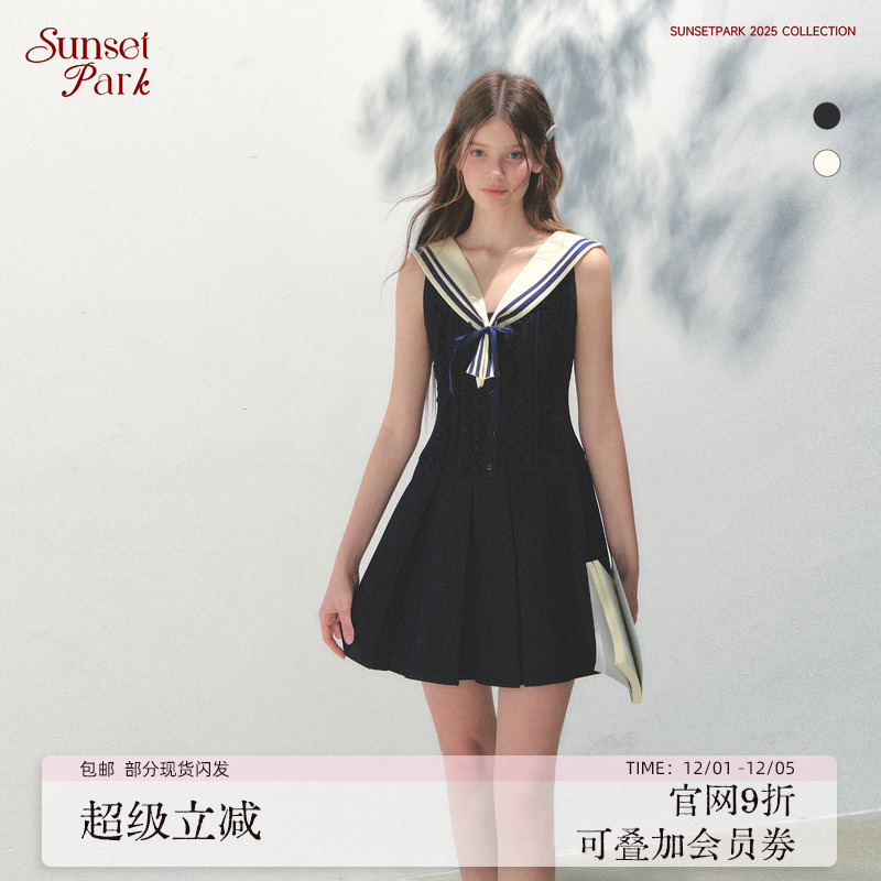 SunsetPark日落公园 海岛夏日_海军领可拆卸_miu系少女百褶连衣裙
