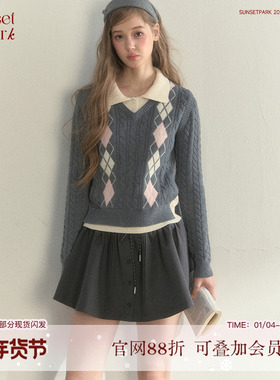 SunsetPark日落公园 复古菱格麻花学院风韩系假两件针织毛衣上衣