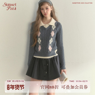 SunsetPark日落公园 复古菱格麻花学院风韩系假两件针织毛衣上衣