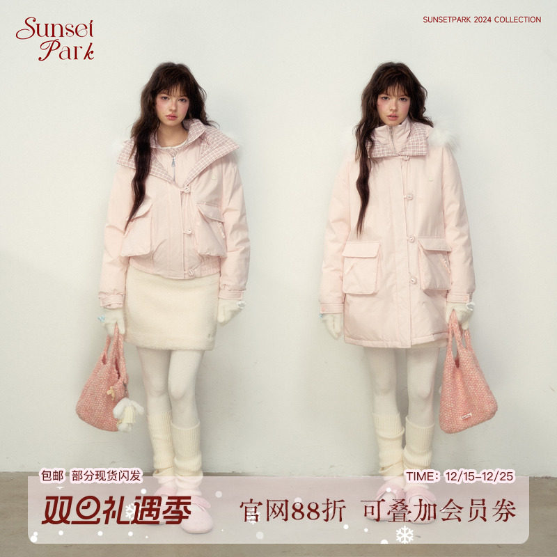 SunsetPark奶粉格纹派克羽绒服