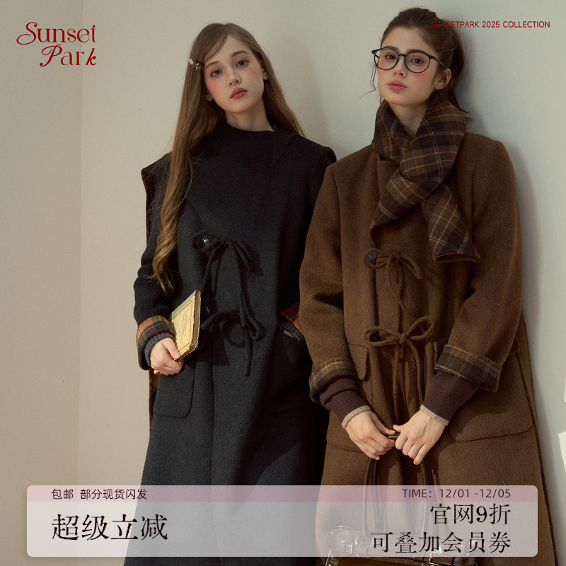 【王楚然同款】SunsetPark日落公园 复古羊毛双面呢格纹围巾大衣