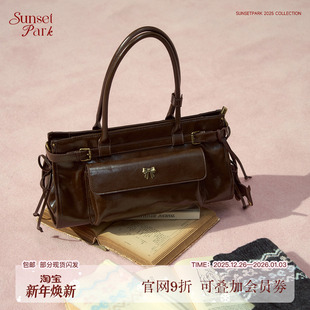 SunsetPark 复古原创棕色油蜡皮学院风单肩托特包斜挎包冬 girls