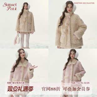 SunsetPark日落公园 粉蓝保暖双面穿皮毛一体外套环保皮草外套冬