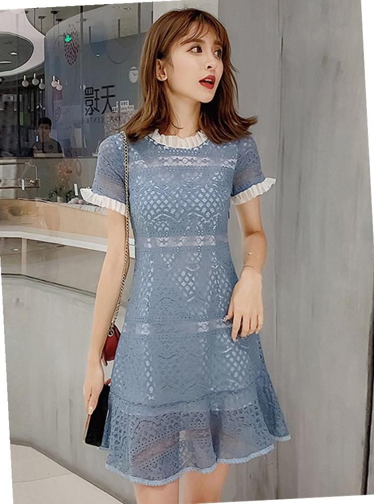 包邮2019新款夏裙子仙女超仙森系甜美圆领显瘦蕾丝法式高腰智熏连衣裙