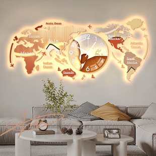 艺钟美新款世界地图室内钟表挂钟客厅装饰画创意艺术时钟室内挂画