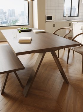 实木中古风餐桌客厅家用吃饭桌子长方形红橡木大板桌小户型工作台