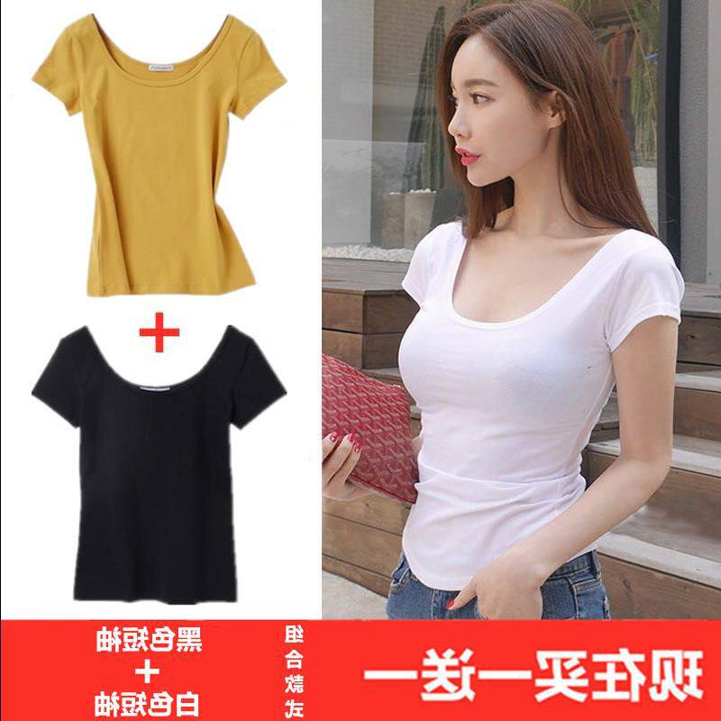 纯色棉U领短袖t恤女夏紧身2019韩版修身露背低胸性感打底衫上衣潮在类目 女装/女士精品, T恤中 - 来自Buy2taobao.com提供专业的淘宝代购服务