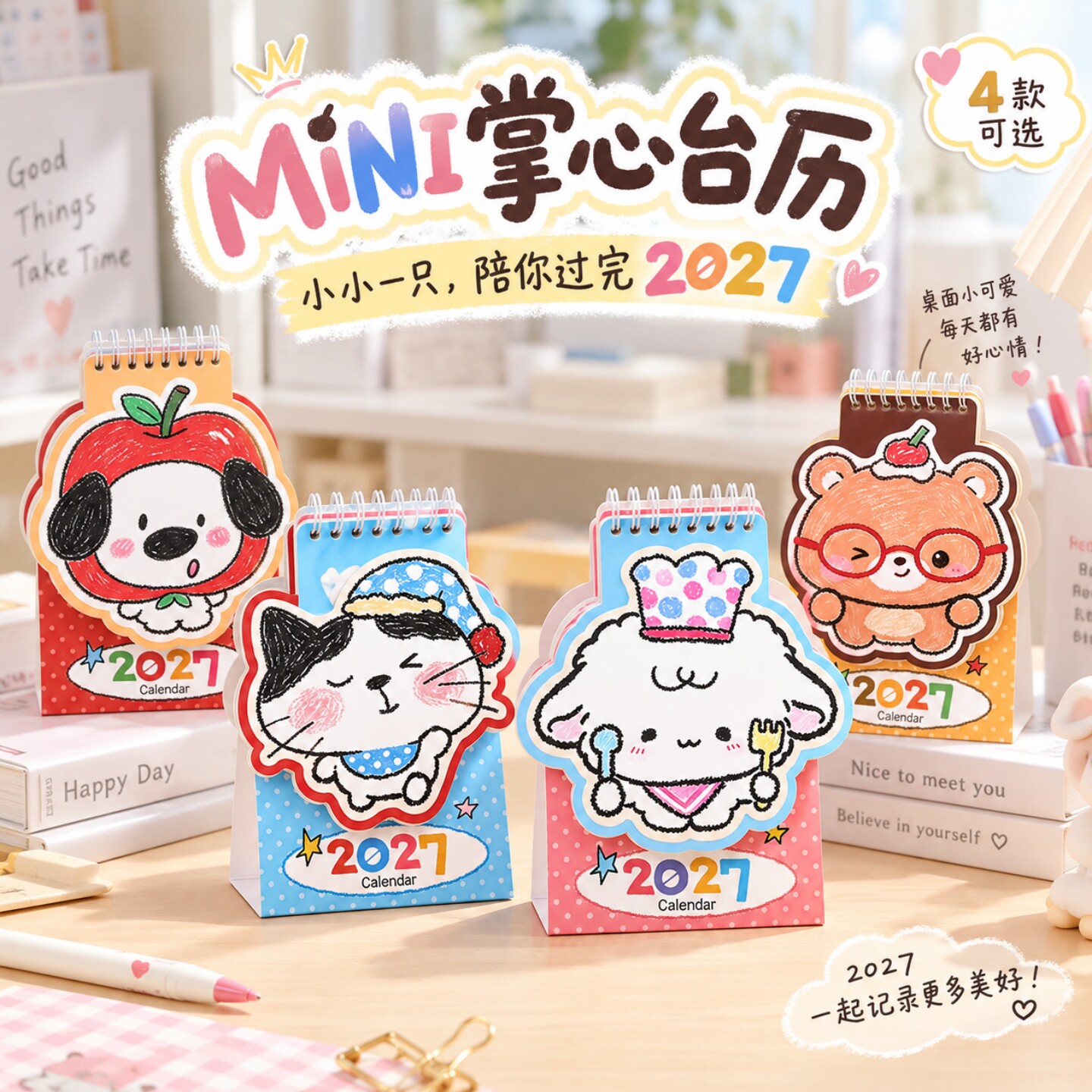（萌宠可爱迷你尺寸台历）2026-2027桌面学生高中考月历备忘办公日历桌面摆件ins学习自律倒计时打卡计划本