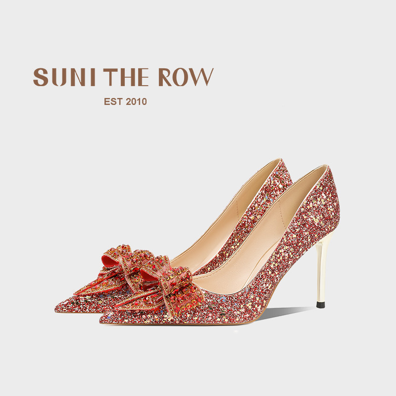 SUNI  蝴蝶结红色婚鞋女2025新款水晶新娘鞋秀禾服婚纱两穿高跟鞋