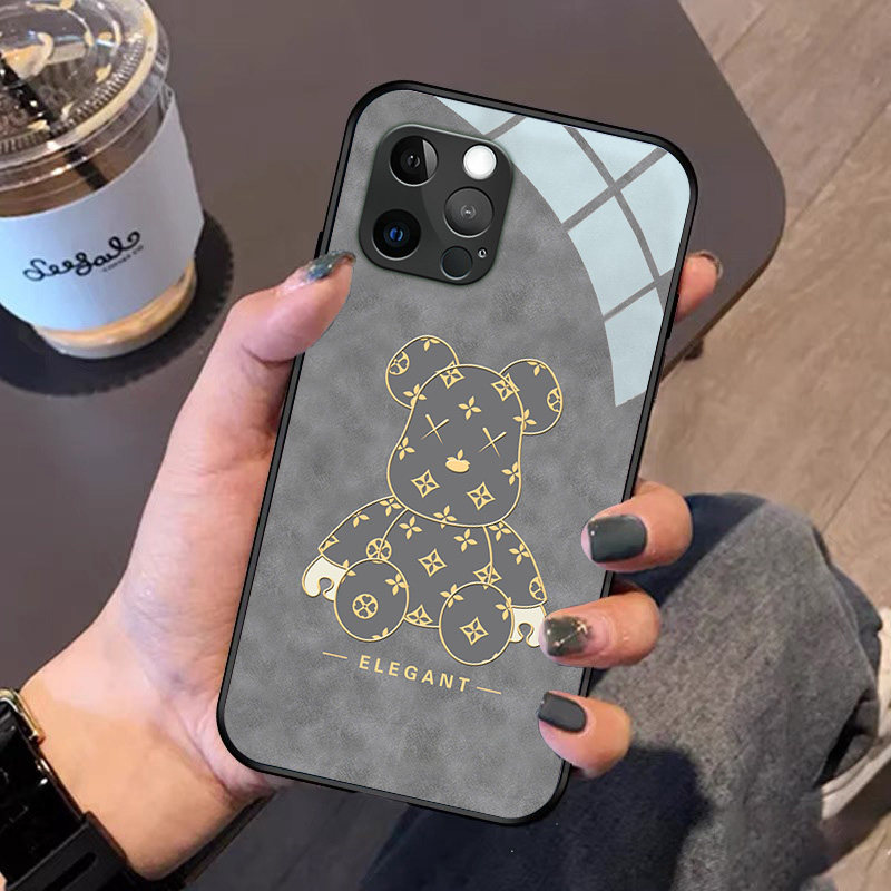 印花熊苹果13手机壳玻璃iphone11promax高级12mini复古xsmax适用xr保护套7女8plus硅胶se2蓝色5s新款6splus灰