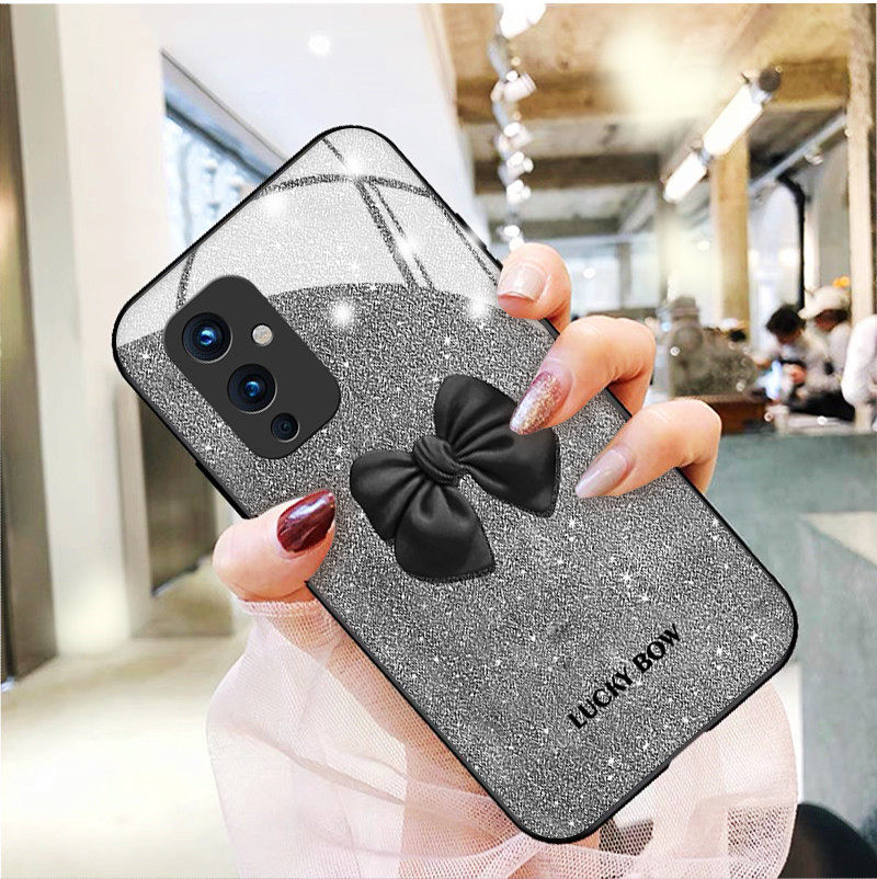闪粉蝴蝶结适用一加9手机壳1+8pro新款oneplus高级玻璃9r女8t小红书7tpro硅胶网红tpor七八九por保护套5g防摔
