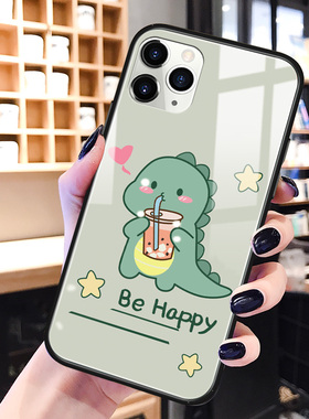 绿色恐龙苹果11手机壳玻璃iphone11promax卡通可爱xsmax适用xr网红se2女5s新款7p硅胶ins风8plus保护套6splus
