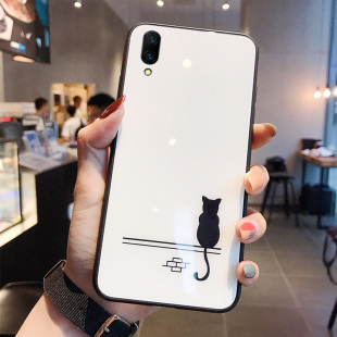 可爱黑猫咪vivoX20手机壳玻璃镜面X21屏幕指纹适用创意X21i包边X21s情侣网红卡通简约X9/X9S男女X7保护套plus