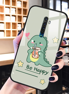 绿色恐龙opporeno3pro手机壳玻璃k7卡通可爱renoz适用网红2z男realmeX2女生新款ace硅胶k9保护套10x倍变焦版