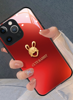 爱心兔子适用苹果14promax手机壳新款iphone13本命年12mini高级玻璃11硅胶xsmax可爱xr红色se3女神78plus套6s