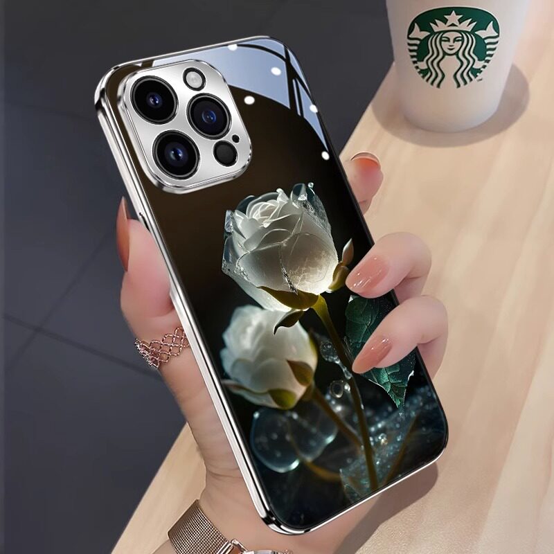 冰透玫瑰创意个性玻璃硅胶手机壳