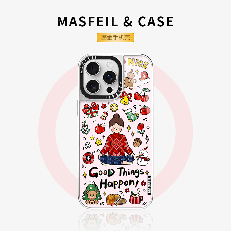 MASFEIL × 快乐冥想适用iPhone16Promax手机壳新款磁吸带支架苹果15Pro鎏金保护套13pm高级感红色ip14小众