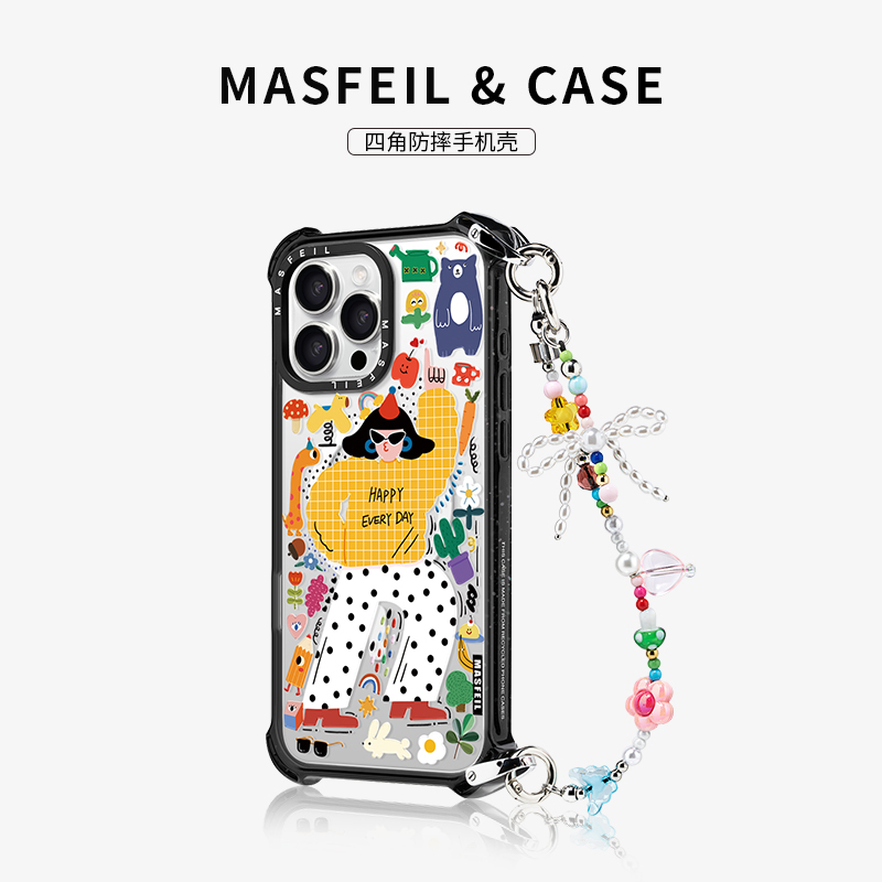 MASFEIL × 我很快乐适用苹果16Promax手机壳新款Fo3磁吸带挂链iPhone15Pro保护套14pm防摔简约高级感13