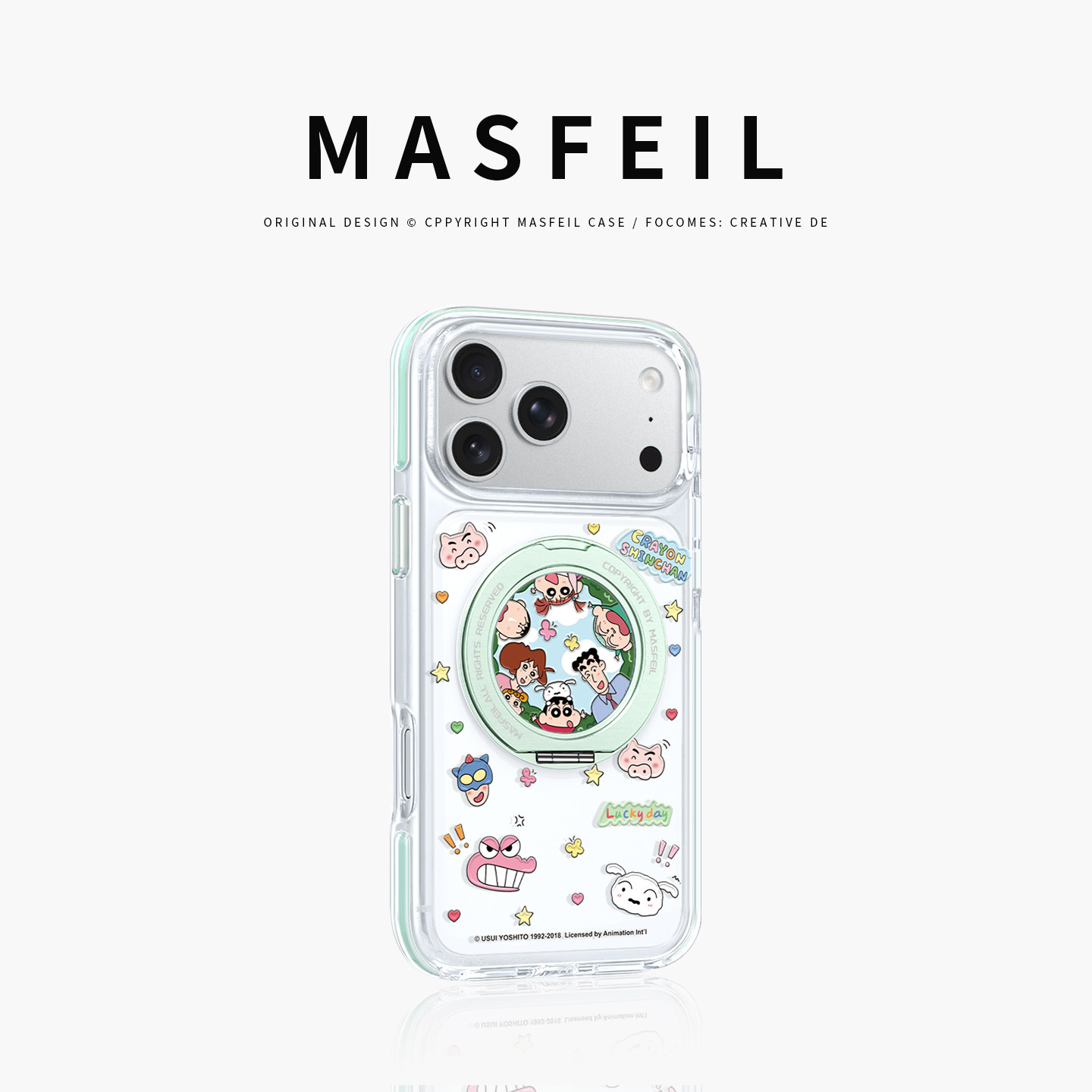 MASFEIL× 小新全家福适用iPhone18Promax手机壳新款ip16磁吸带支架Go8苹果17Pro保护套支点透明高级感15女13