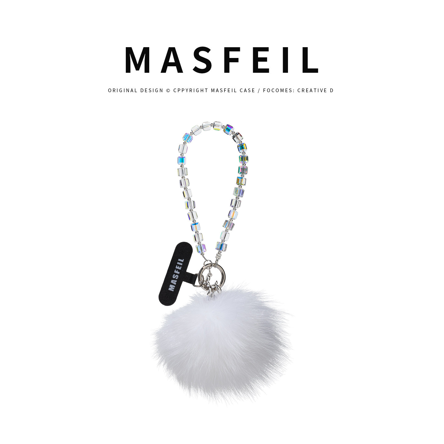 MASFEIL &times;  白色狐狸毛水晶手机挂链挂绳短款绳子适用苹果17手机壳配件包包挂件挂饰网红防丢迷你女冬毛绒