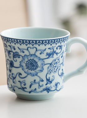2026新款高档现代青花陶瓷茶具新中式防烫把耳杯简约喝茶专用杯子