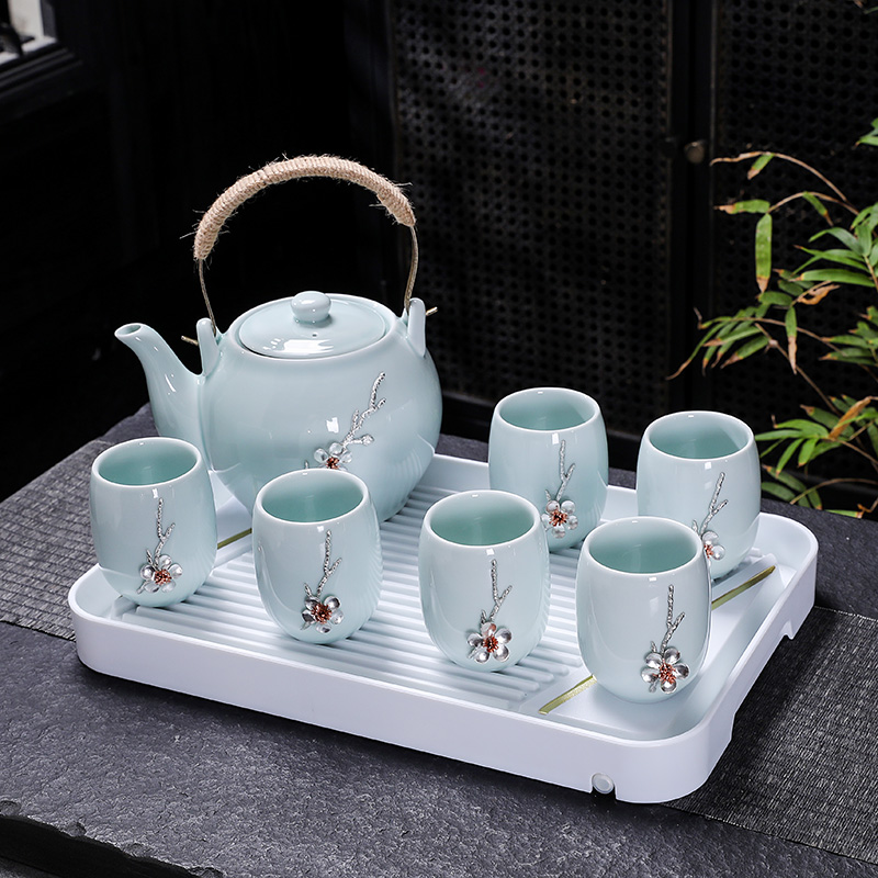 镶嵌高端青瓷提梁壶茶具套装
