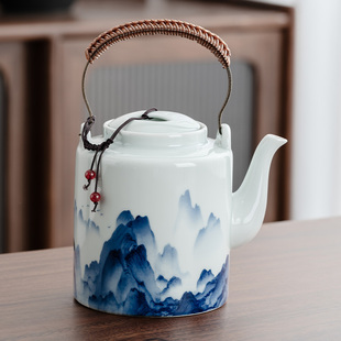 白瓷远山大容量提梁壶带过滤内胆冷热凉水壶景德镇复古青花缠枝莲