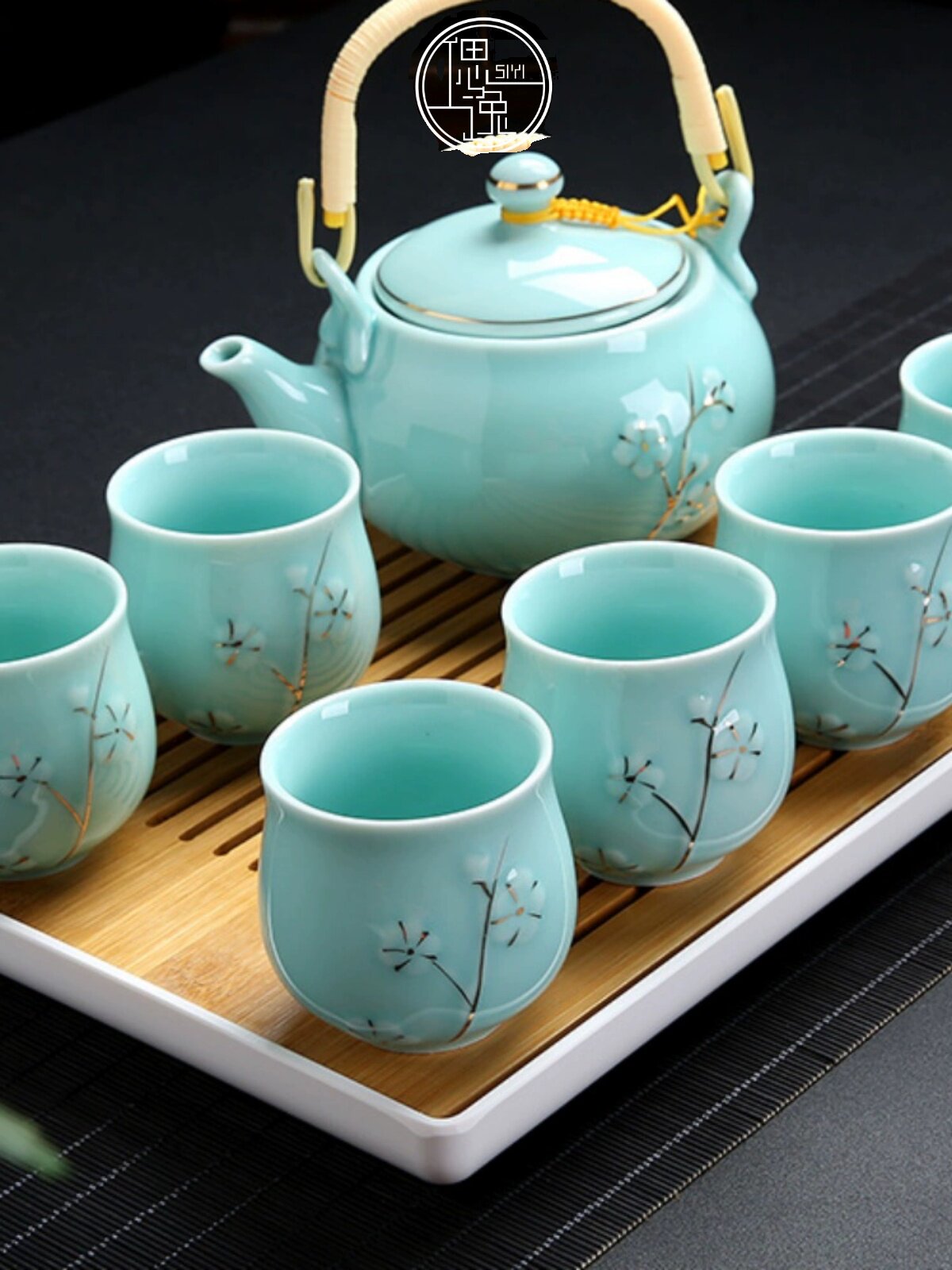 茶具套装家用陶瓷杯提梁茶壶现代简约6祇装大杯子冷水壶干泡茶盘
