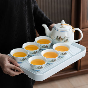 新款青白瓷大容量茶具套装一壶六杯简约过滤泡茶壶家用饭店冲茶器