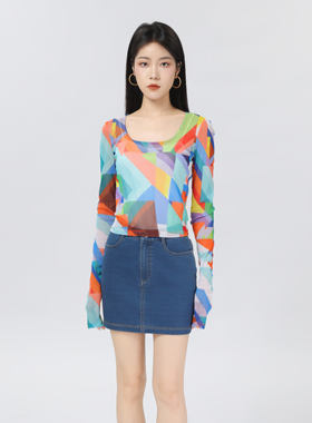 阿玛家女装正品商场同款2026夏新款U领印花网纱打底衫纱衣5300927