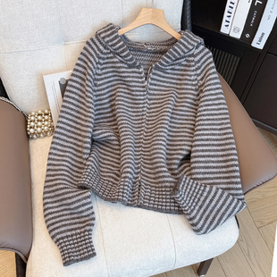 韩系撞色条纹双拉链连帽针织开衫女春季新款宽松慵懒风毛衣外套潮