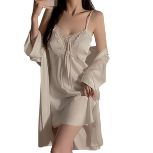 睡衣女冰丝绸缎面薄款夏季新款性感吊带胸垫睡裙睡袍两件套装露背
