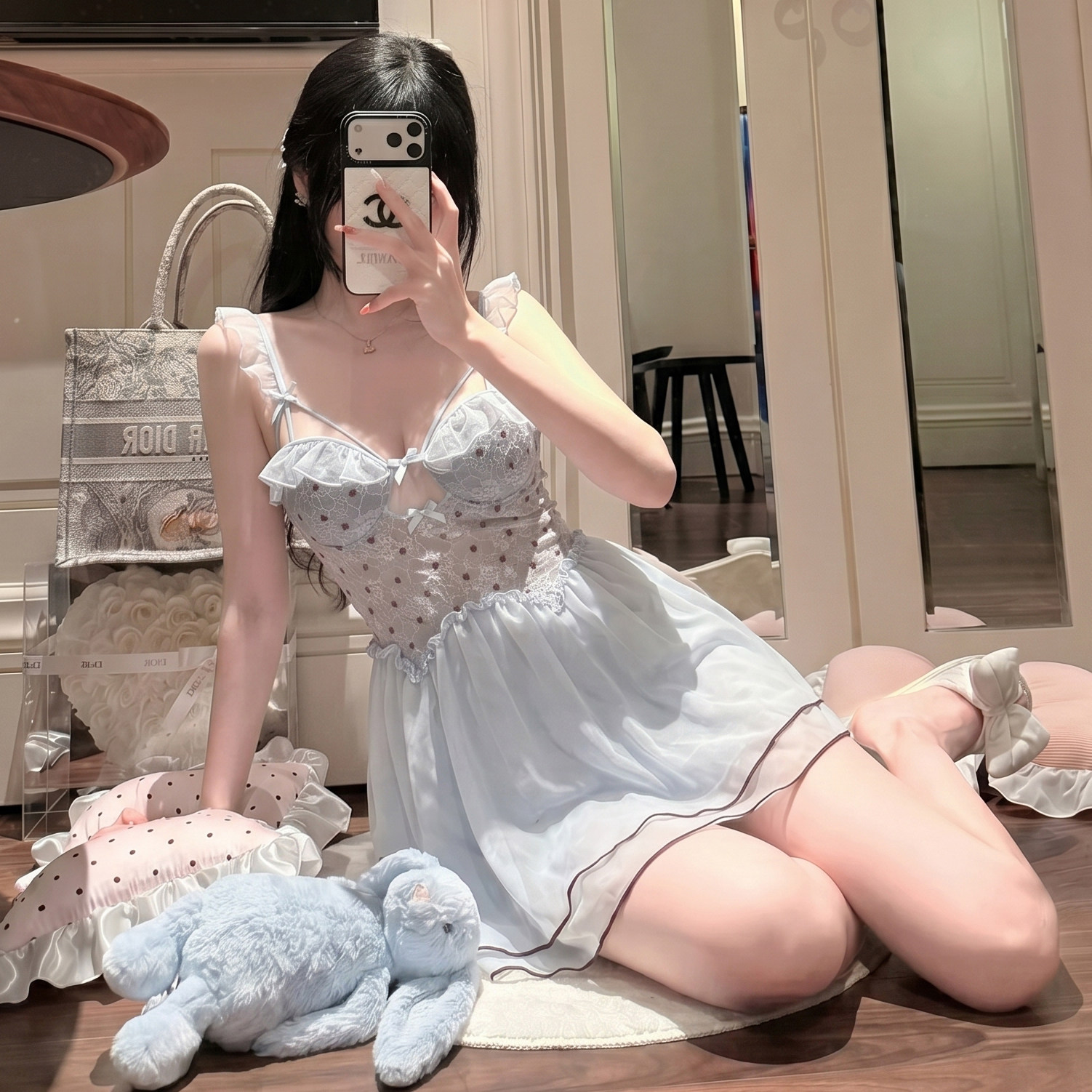 法式甜美蝴蝶结蕾丝吊带睡衣