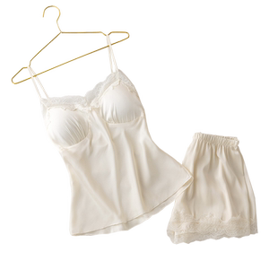 性感睡衣女士夏季薄款冰丝吊带胸垫短裤两件套分体纯色家居服套装