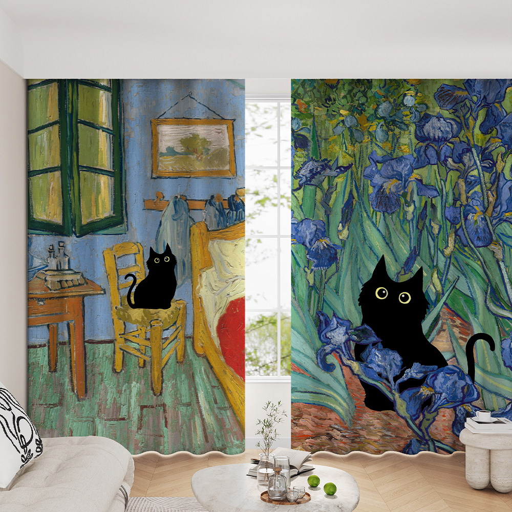 搞怪猫咪窗帘卡通可爱艺术油画全遮光布卧室客厅遮阳帘阳台免打孔