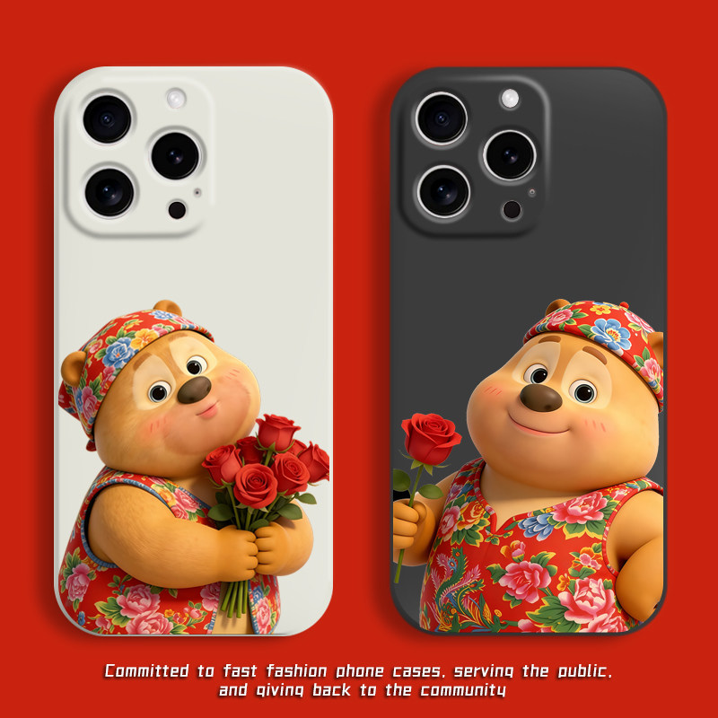 玫瑰花棉袄熊二手机壳情侣适用苹果17promax小米红米透明硅胶