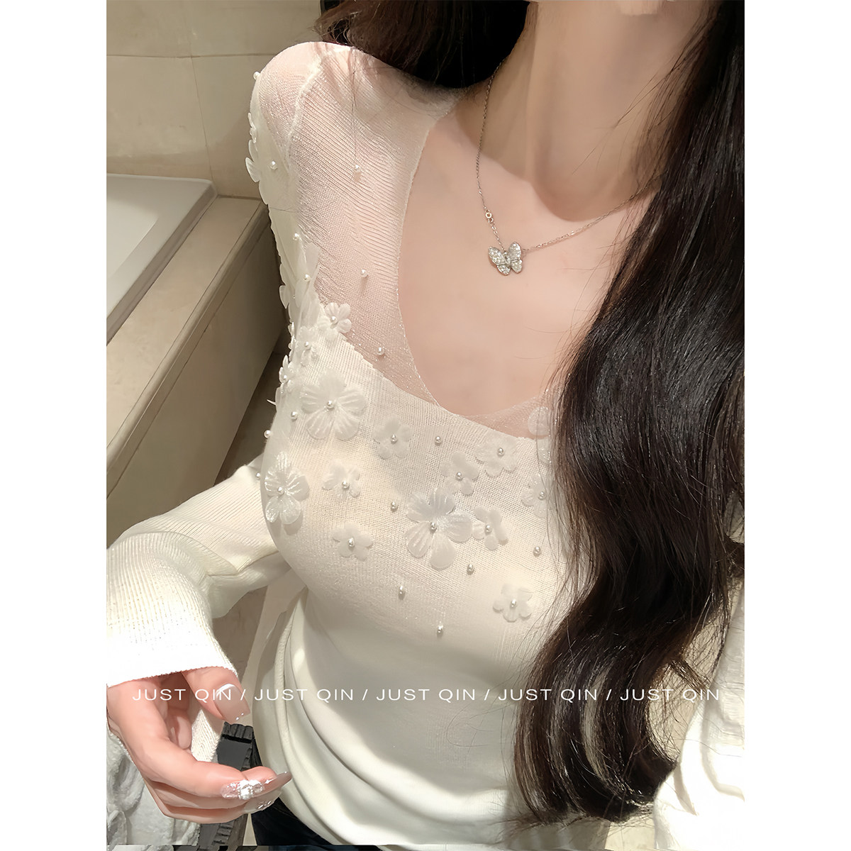 JustQin【绯色繁花】气质网纱拼接修身钉珠长袖羊毛针织衫上衣女