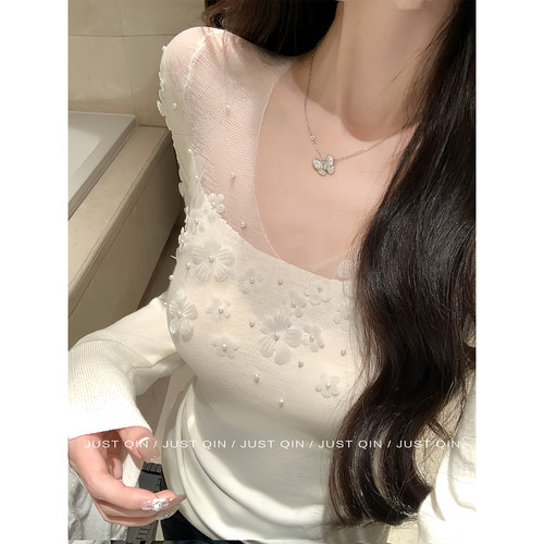 JustQin【绯色繁花】气质网纱拼接修身钉珠长袖羊毛针织衫上衣女