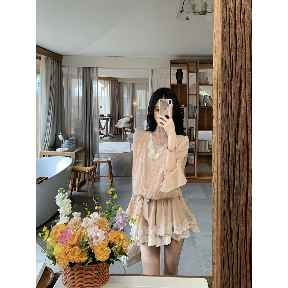 JustQin【甜桃少女】2026新款夏装性感雪纺短裙气质收腰连衣裙女