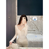 JustQin T恤女打底 性感蕾丝边性感长袖 云边甜蕾 2025秋冬新款