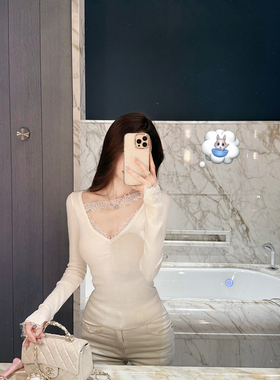JustQin【云边甜蕾】2025秋冬新款性感蕾丝边性感长袖T恤女打底
