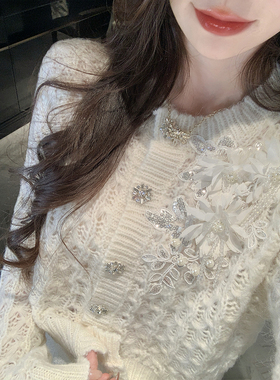 JustQin【浮世千金】24新款冬装纯手工花片钻扣针织开衫羊毛衣女