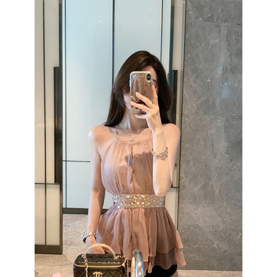 JustQin【娇甜韩女】2025新款夏镶钻无袖吊带上衣性感雪纺上衣女