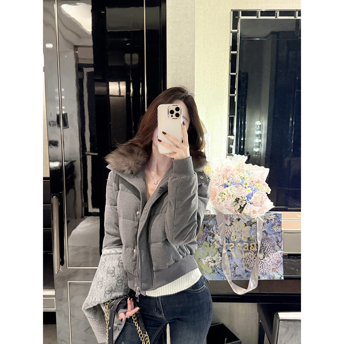 JustQin【绒光灰调】2025新款冬装保暖狐狸大毛领羽绒服女外套