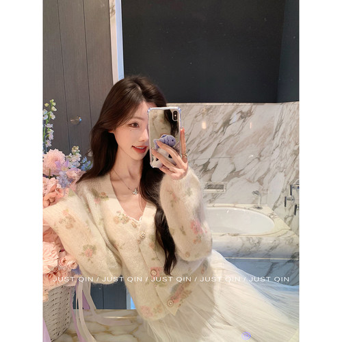 JustQin【白夜蔷薇】气质碎花v领马海毛针织开衫羊毛衣外套女秋季