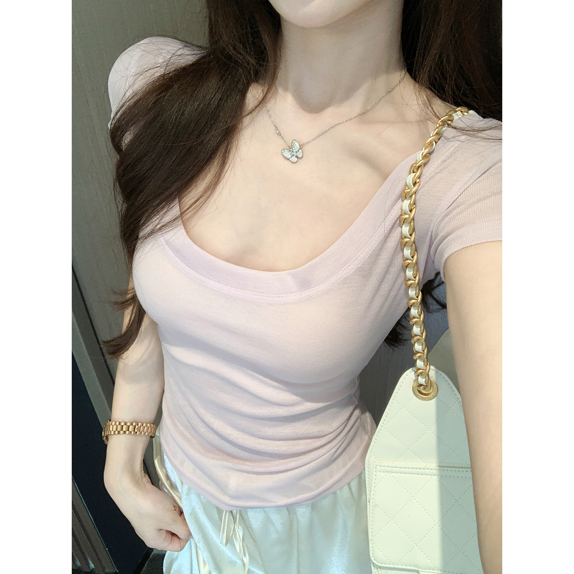 JustQin【少女时节】2025新款夏装弹力修身上衣性感u领短袖T恤女