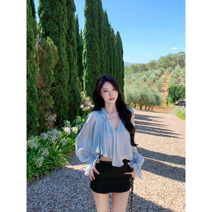 JustQin【海盐梦境】2026新款夏装性感V领雪纺上衣长袖衬衫女