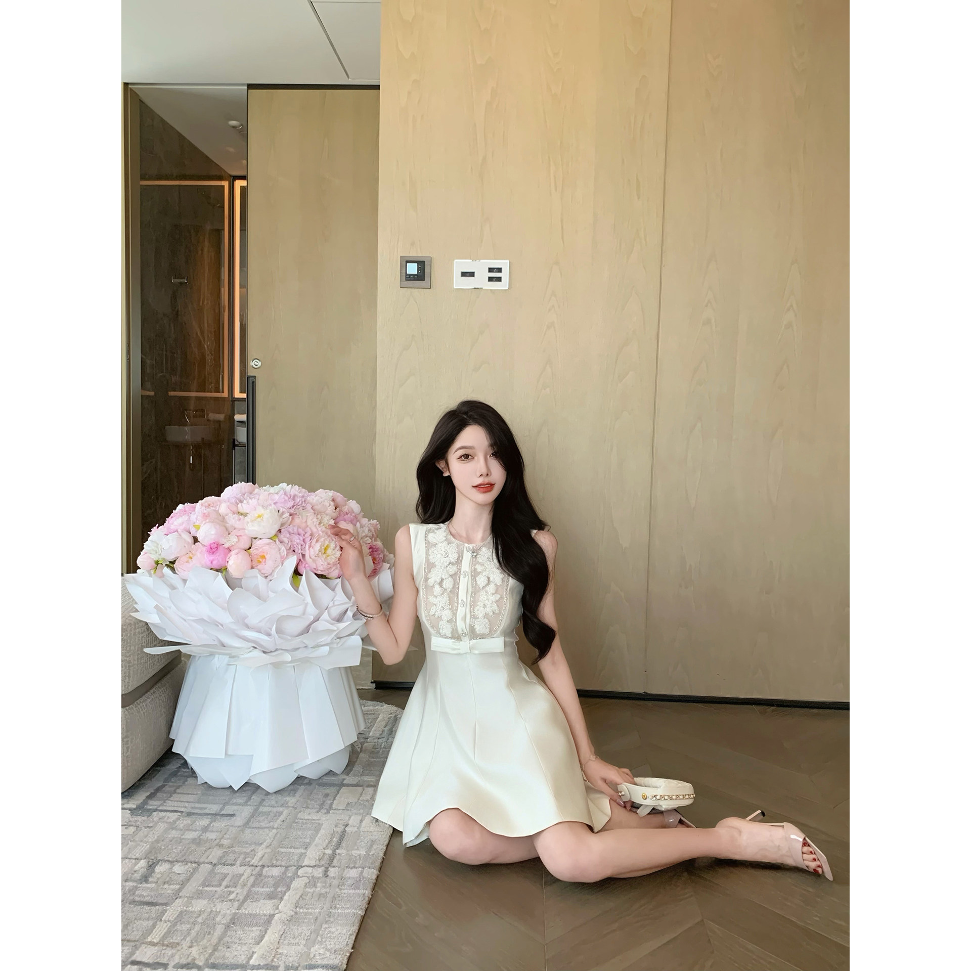 JustQin【月光协奏】2026新款夏装重工气质花边短裙性感连衣裙女